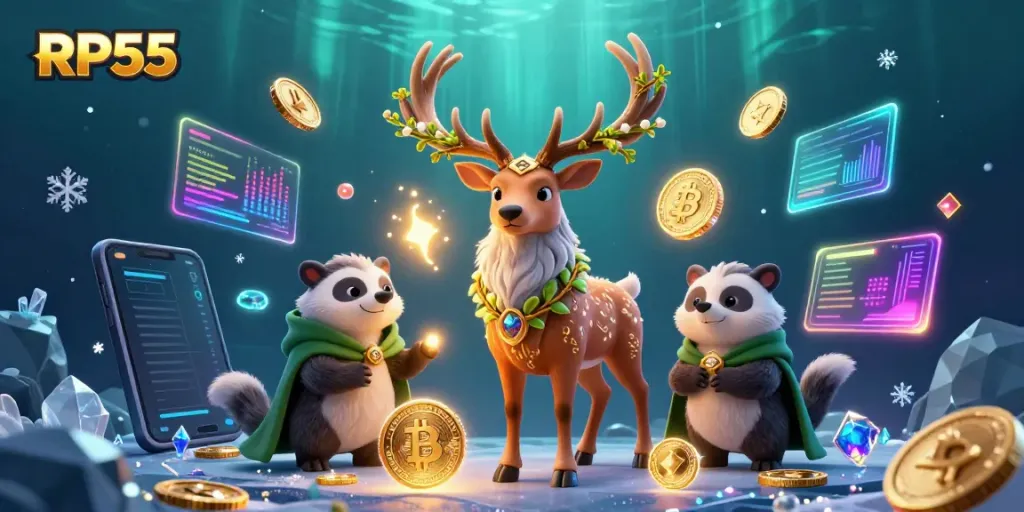 Engage with RP55's dynamic 3D casino scene featuring druid stag and badger amidst vibrant gaming elements.