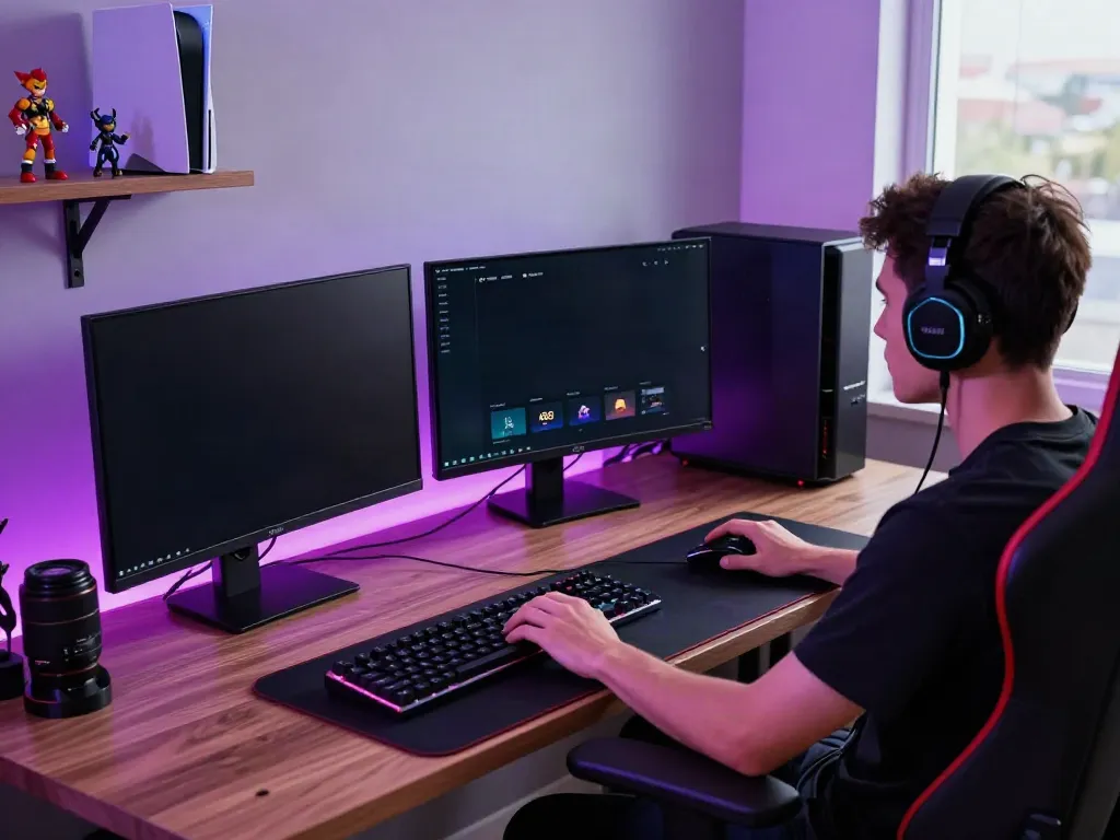 Dynamic home office scene showcasing the A80 homepage with a gamer focused on screens.