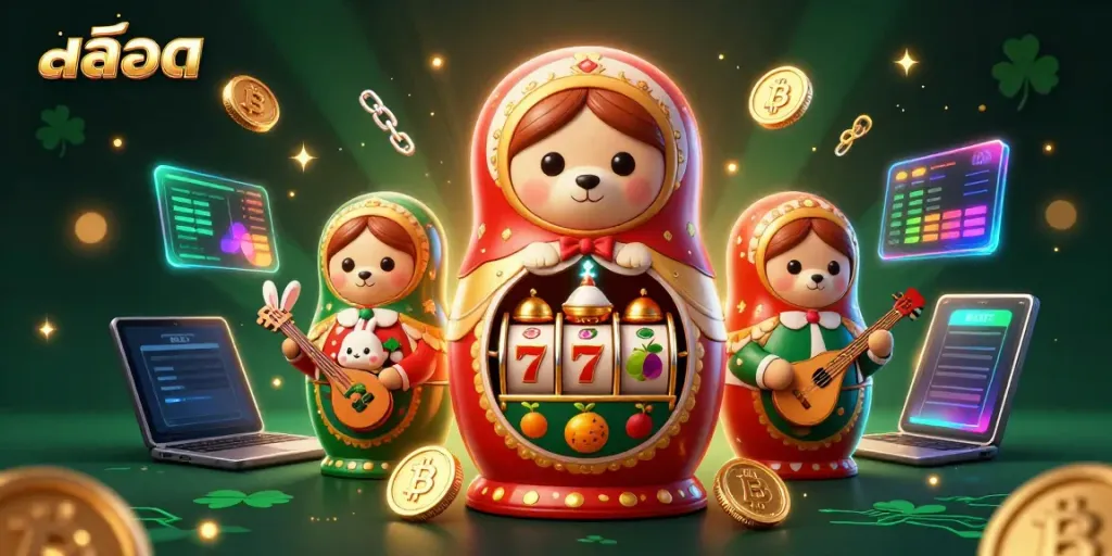 การเล่น สล็อต ที่มีนายแบบเป็นหมีตัวหลวมและสัตว์ต่างๆ ที่รายล้อมไปด้วยสัญลักษณ์แห่งโชคลาภและเหรียญคริปโต