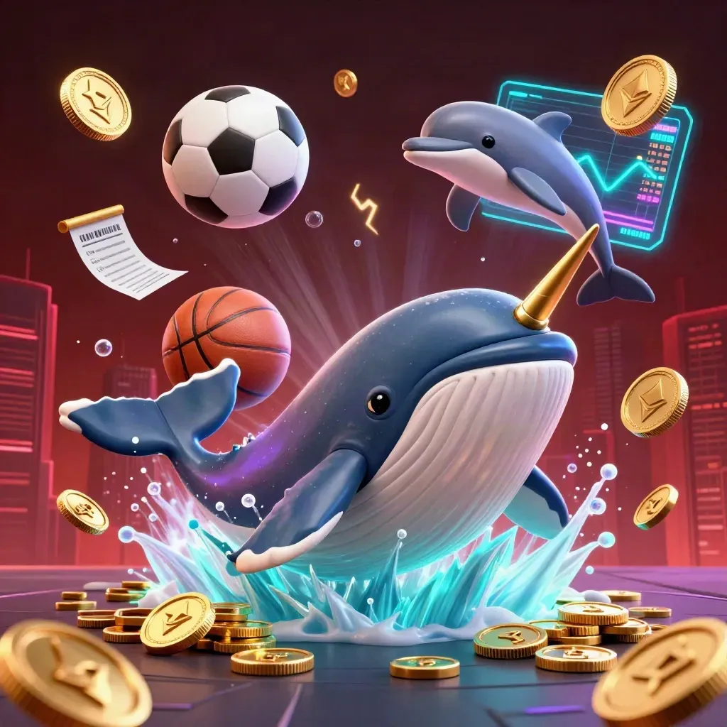 Whale, narwhal, and dolphins burst through coins with neon sports balls and casino effects.