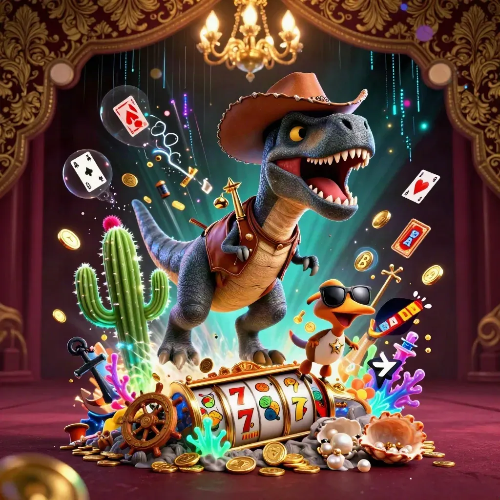Trex cowboy, cactus sidekick, and roadrunner amid glowing treasure, coins, reels, and neon teal