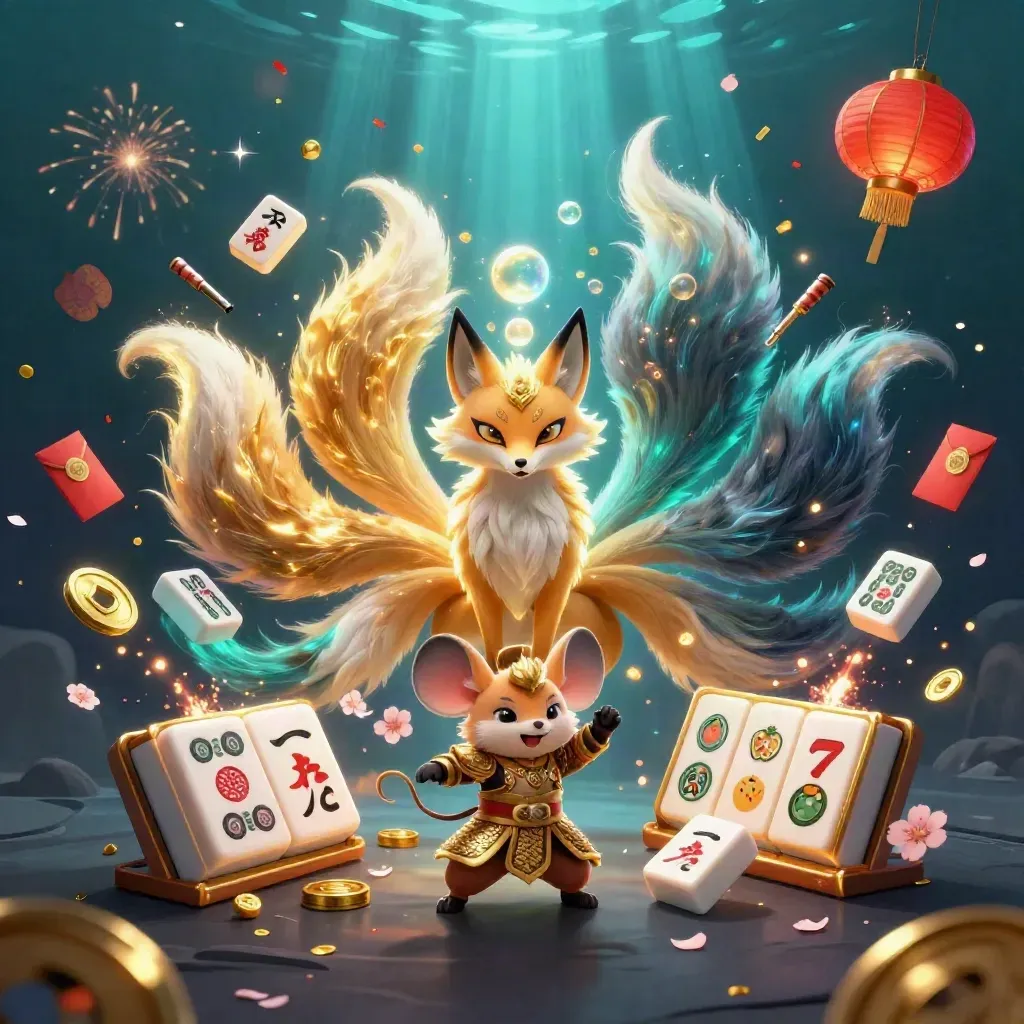 Nine-tailed fox spirit and samurai mouse amid lanterns, reels, coins, and fireworks
