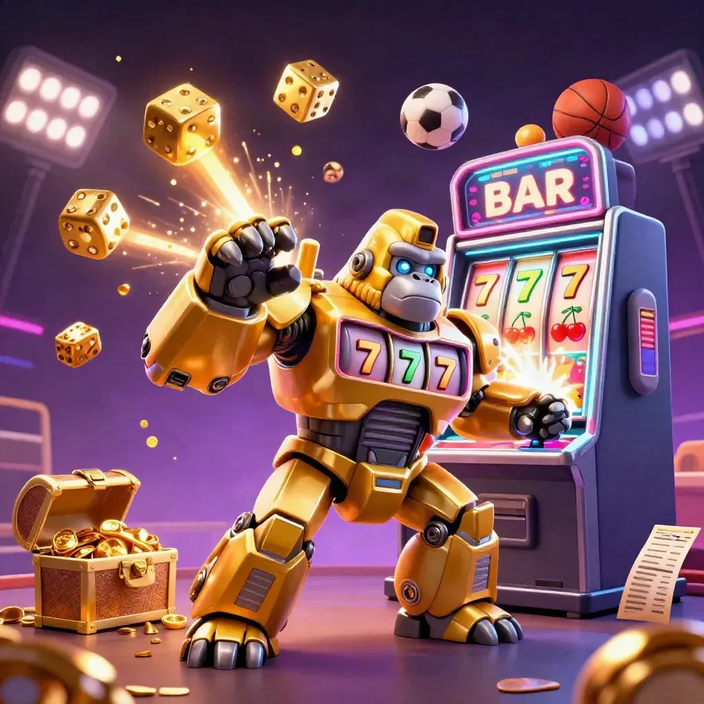 Golden gorilla mech blasts slot symbols, balls, dice, and gold on a dark neon backdrop.