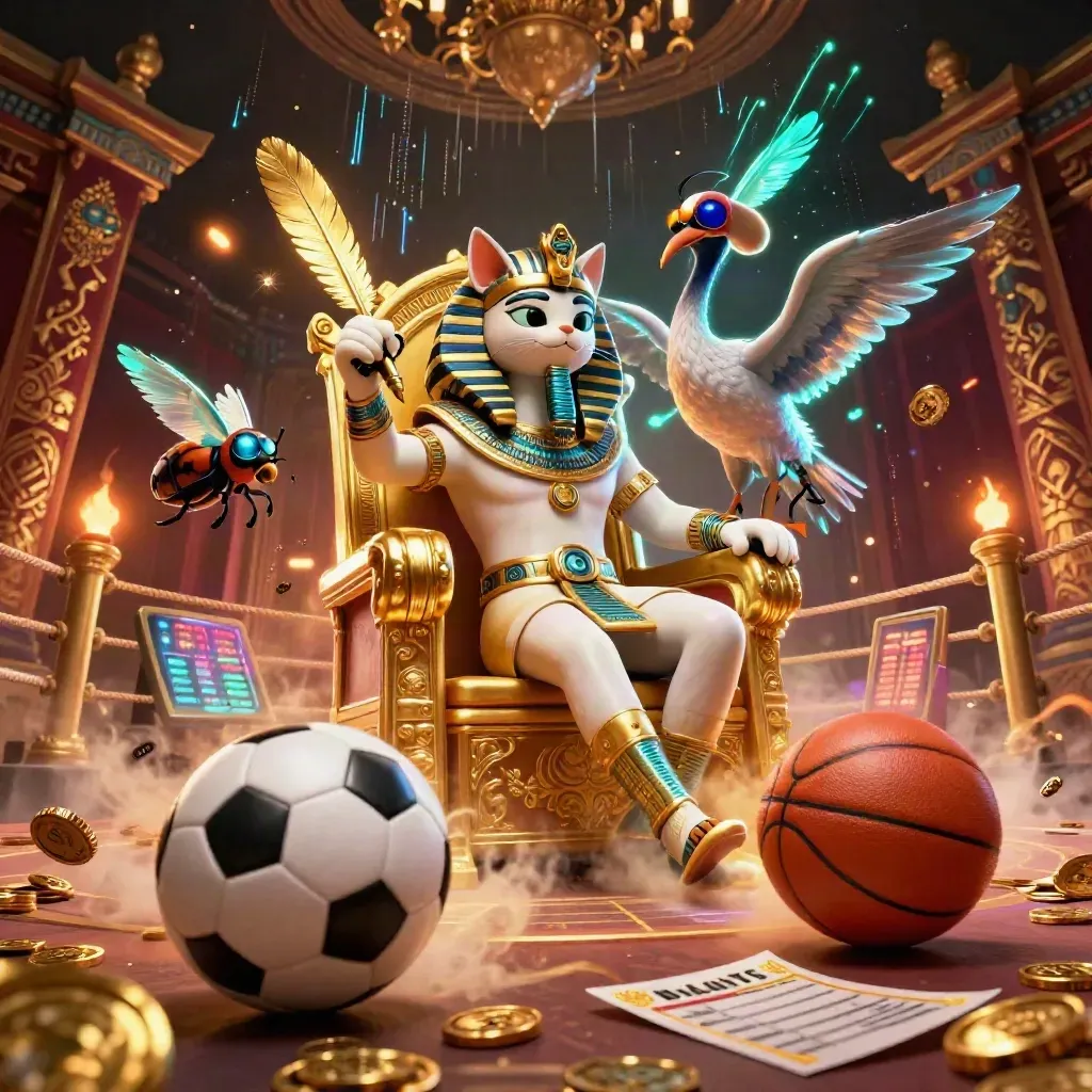 Pharaoh cat, ibis scribe, and scarab beetles amid flying balls, coins, and neon casino energy
