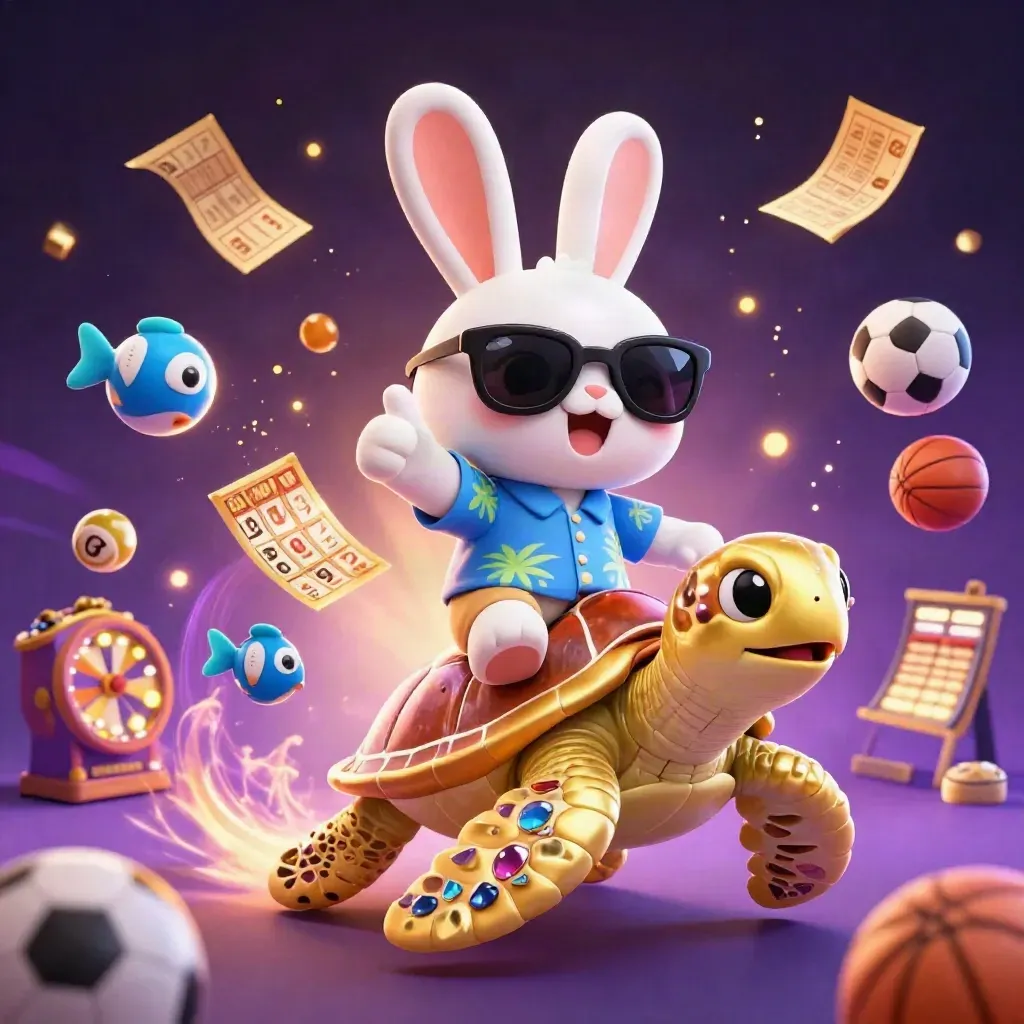 Lucky rabbit rides a gem-shelled sea turtle amid neon casino balls, prizes, and sports gear.