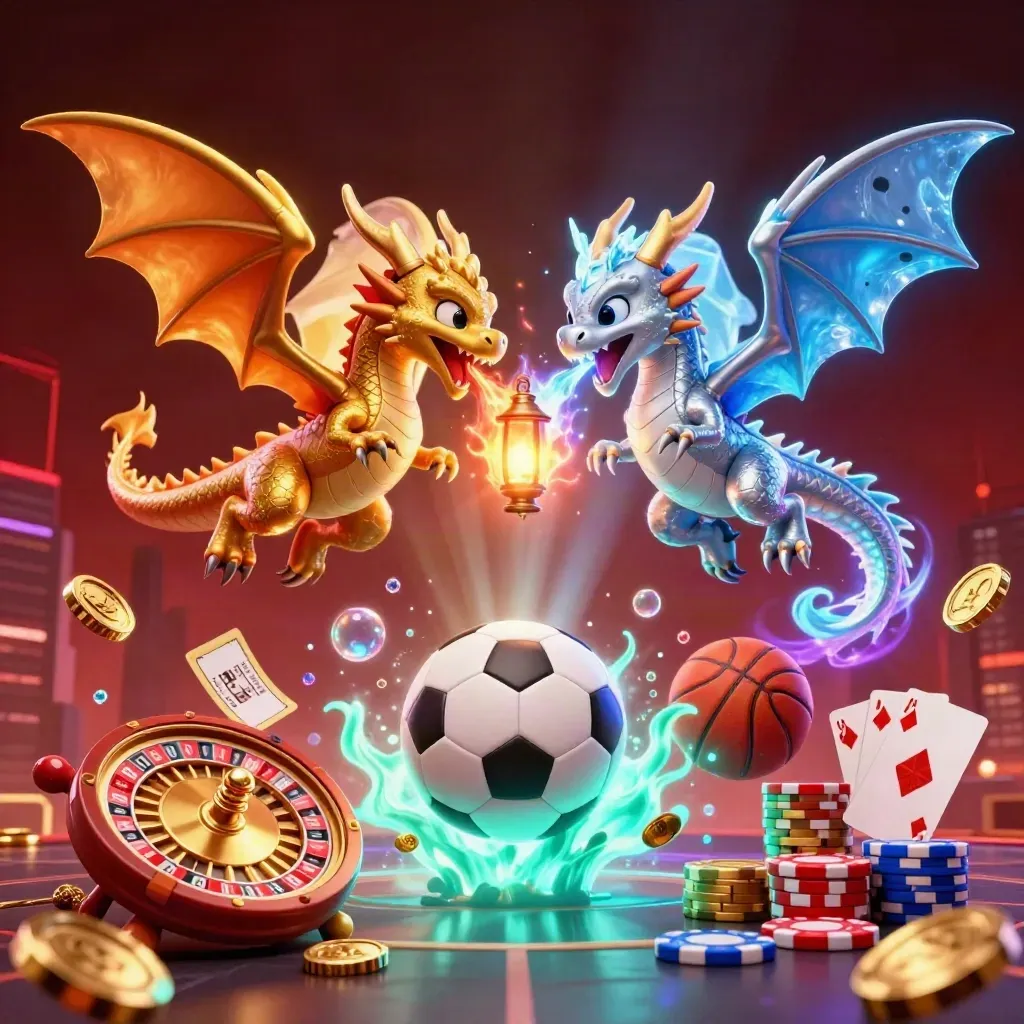 Gold and silver dragons clash with casino props, balls, coins, and neon light