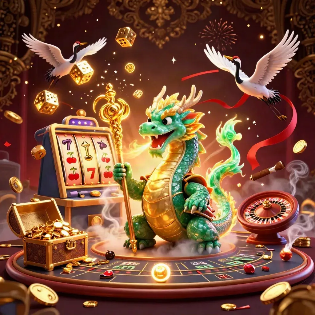 Emerald dragon, turtle sage, and cranes amid casino magic, gold, and fireworks.