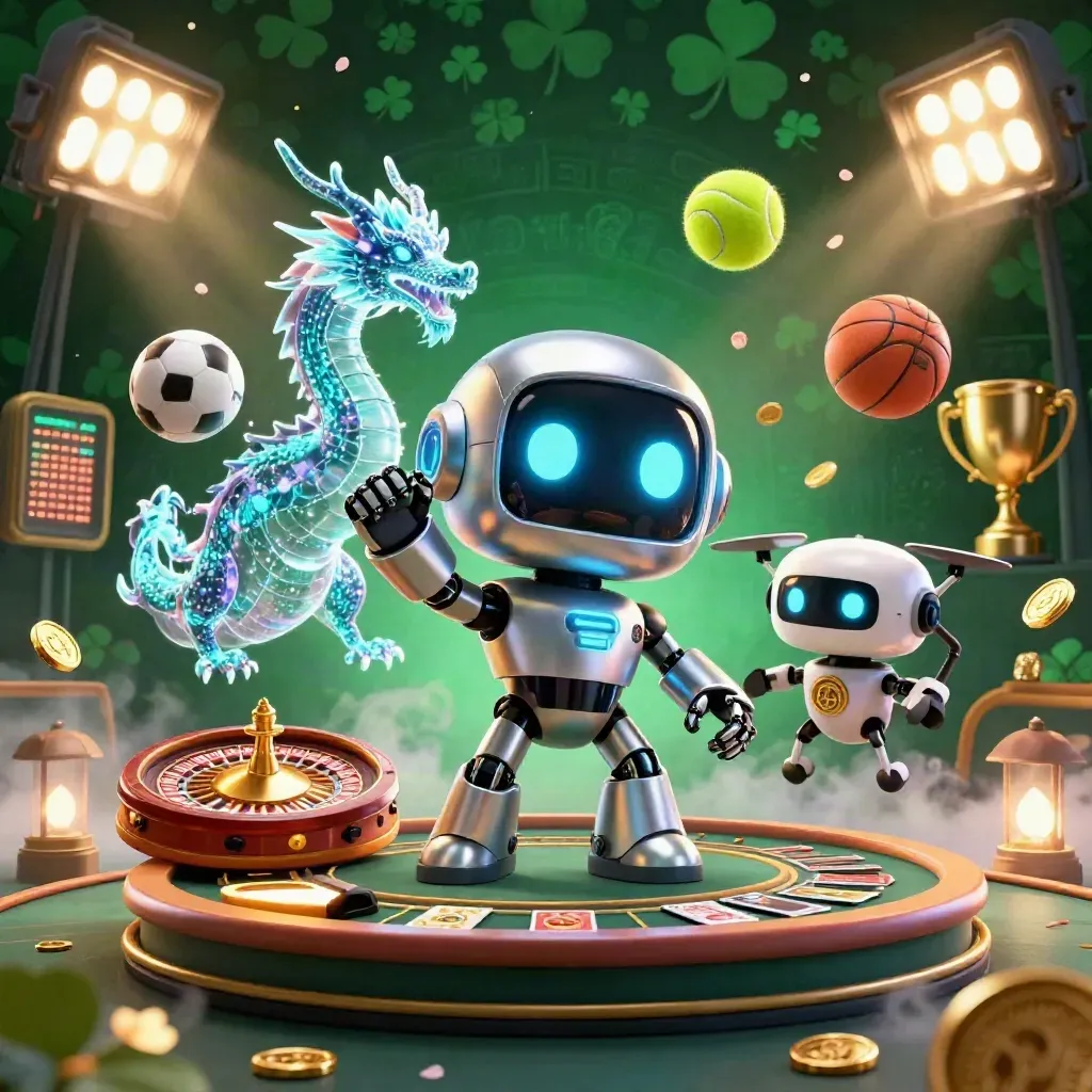 Cyberpunk robot, AI dragon, and drone in a luxe neon casino with sports balls and glowing tables