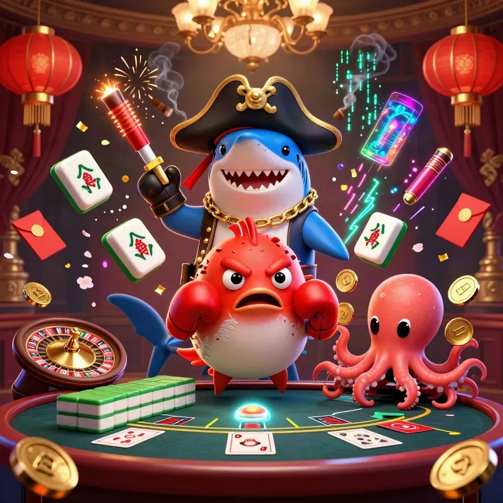 Pirate shark, pufferfish, and baby octopus in a glowing luxury casino scene