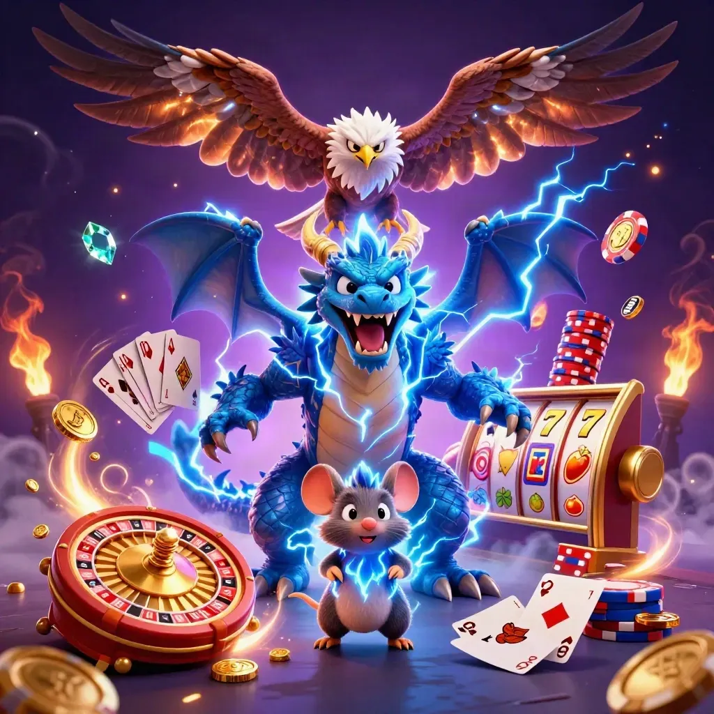 Thunder dragon, glowing hawk, and static mouse amid casino bursts of coins, chips, cards, and teal lightning.