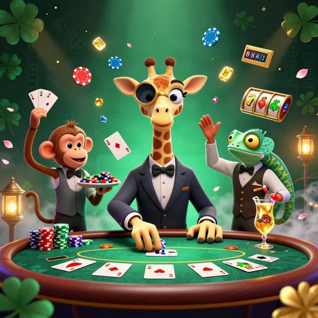 Giraffe high roller, monkey valet, and chameleon bartender amid chips, cards, and neon treasure.