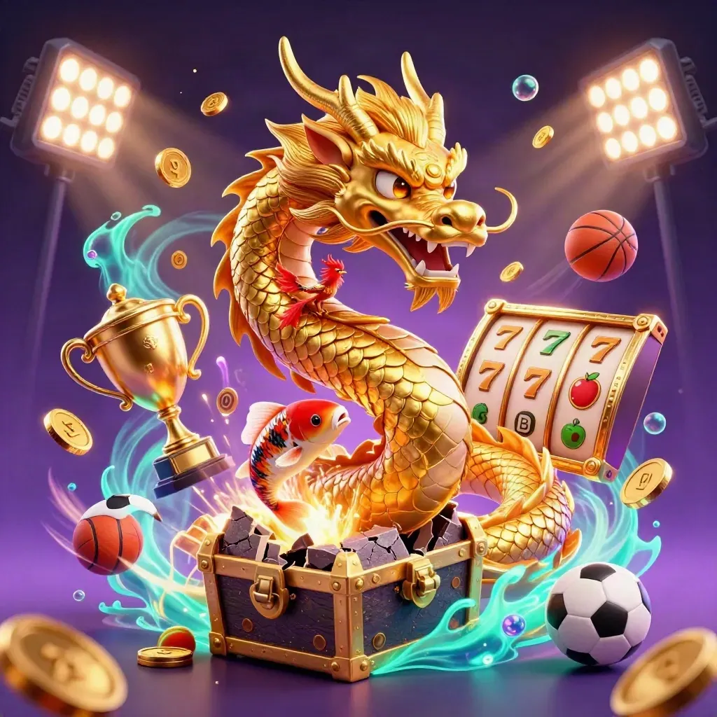Golden dragon, phoenix, koi, and casino symbols burst in a neon fantasy splash scene.