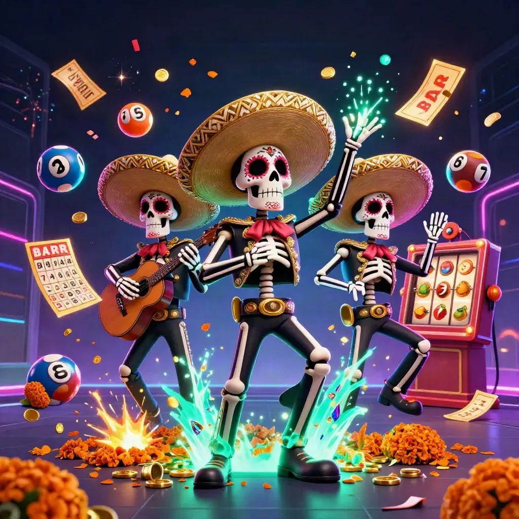 Day-of-the-Dead mariachi skeleton trio in neon casino bursts with balls, tickets, wheel and fireworks