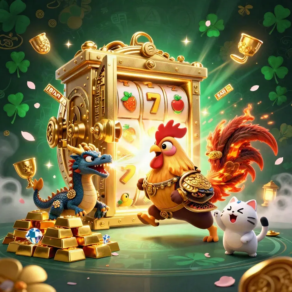 Rooster warrior, dragon hatchling and fortune cat burst from a glowing gold vault in neon casino style