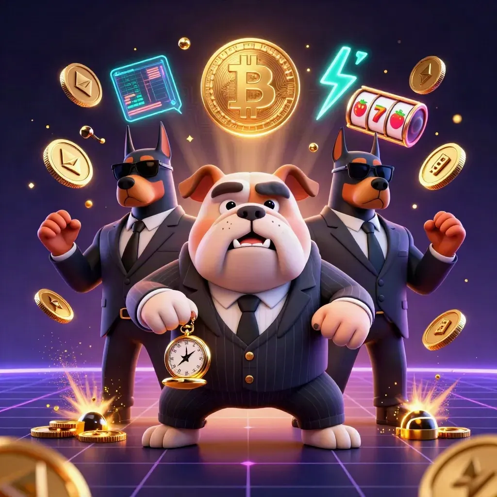 Bulldog boss with Doberman guards amid crypto coins, neon charts, and casino bursts