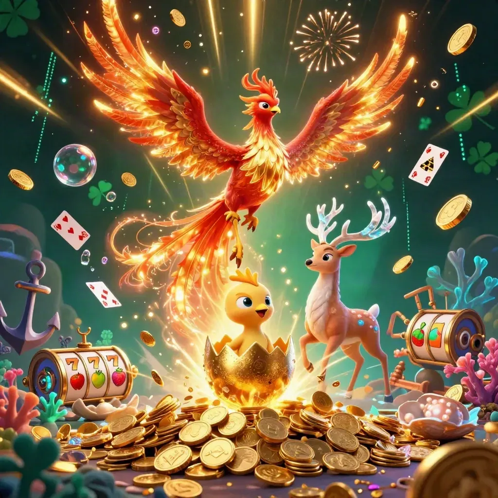 Phoenix, stag, and baby phoenix erupt from a treasure cove with coins, reels, and neon magic.