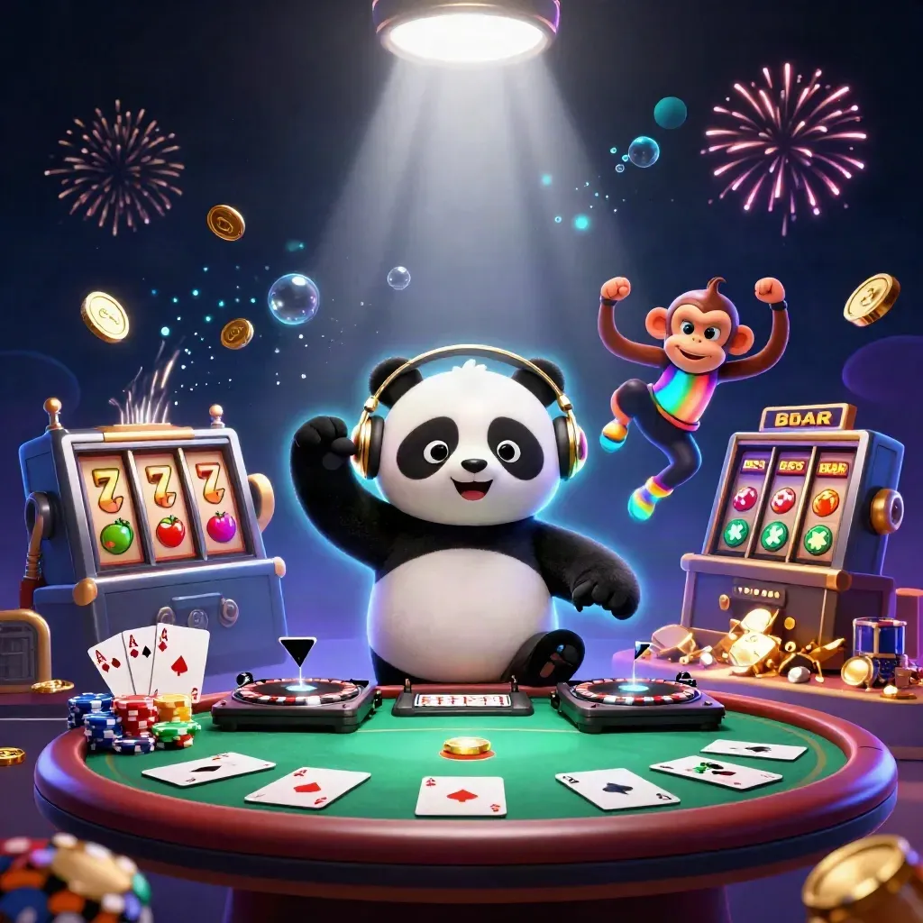 Panda DJ, dancing monkey and glow kitten amid coins, chips, cards and neon slot bursts.