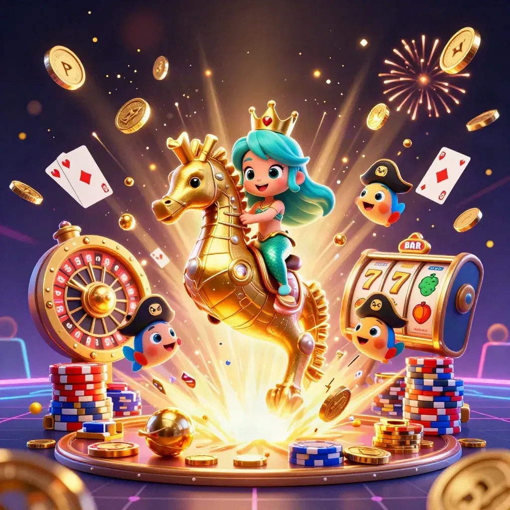 Mermaid princess on a golden seahorse amid coins, gems, roulette, chips, and fireworks in neon dark