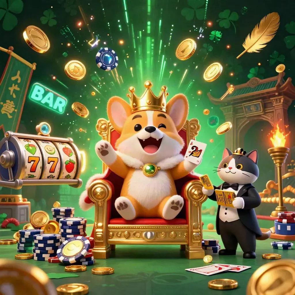 Royal corgi and cat butler amid exploding gold coins, slot reels, and neon casino magic