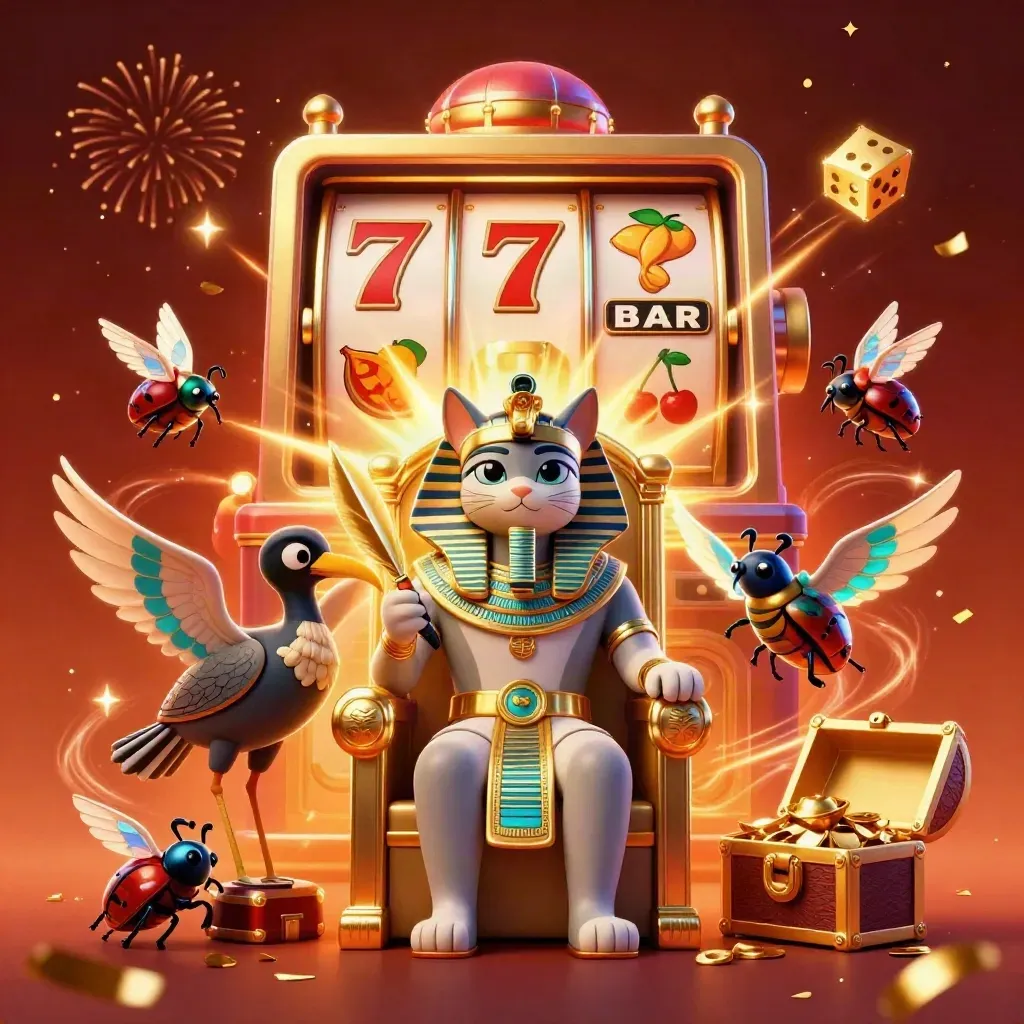 Pharaoh cat, ibis scribe, and scarabs amid slot bursts and gold on a dark ember-lit background.