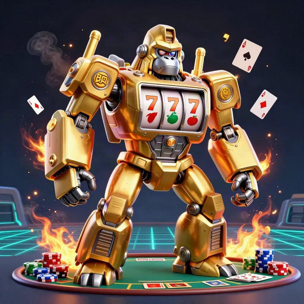 Golden gorilla slot mech with tiny pilot, poker chips, aces, and neon teal sparks.
