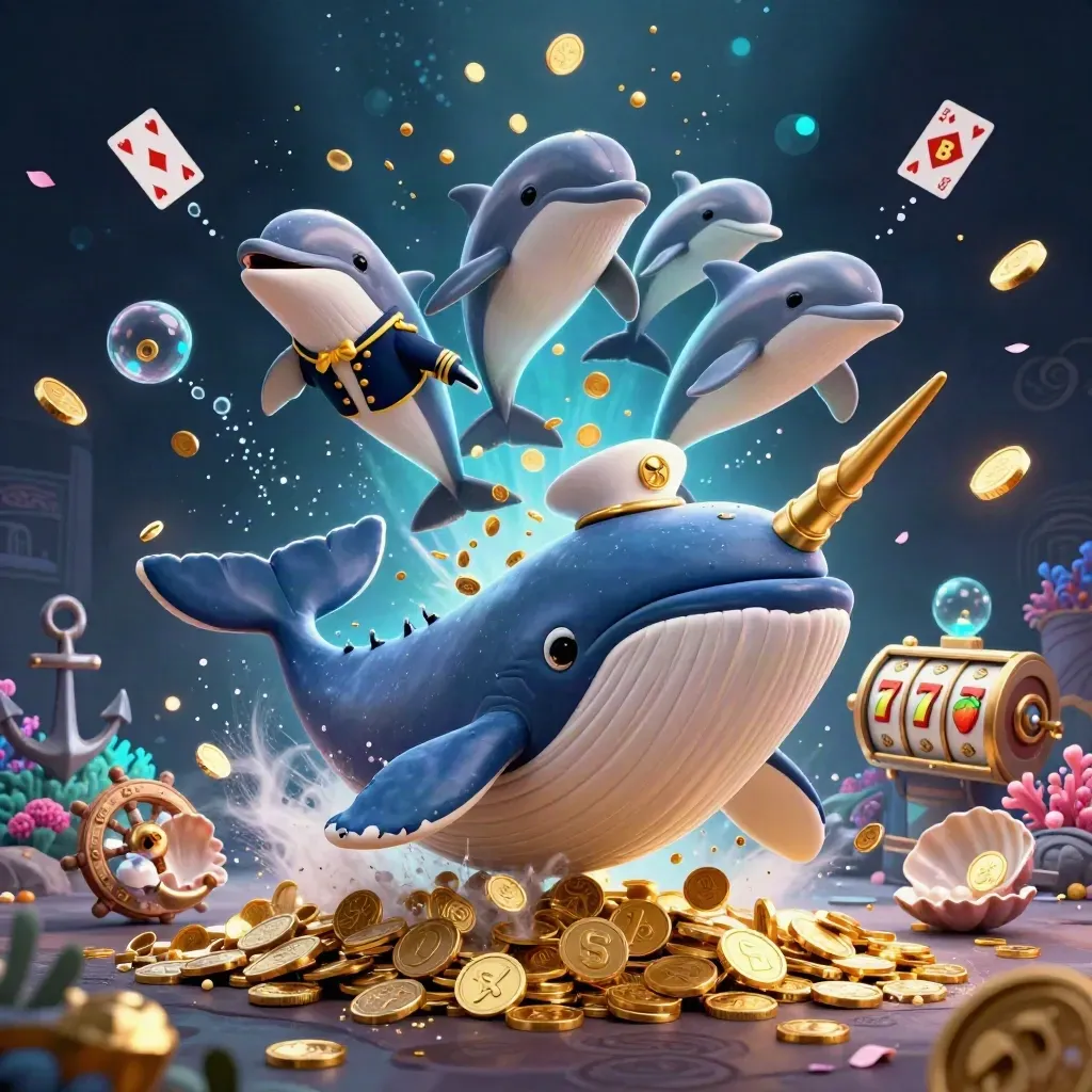 Giant captain whale, narwhal, and dolphins bursting through gold coins in a neon teal treasure cove.