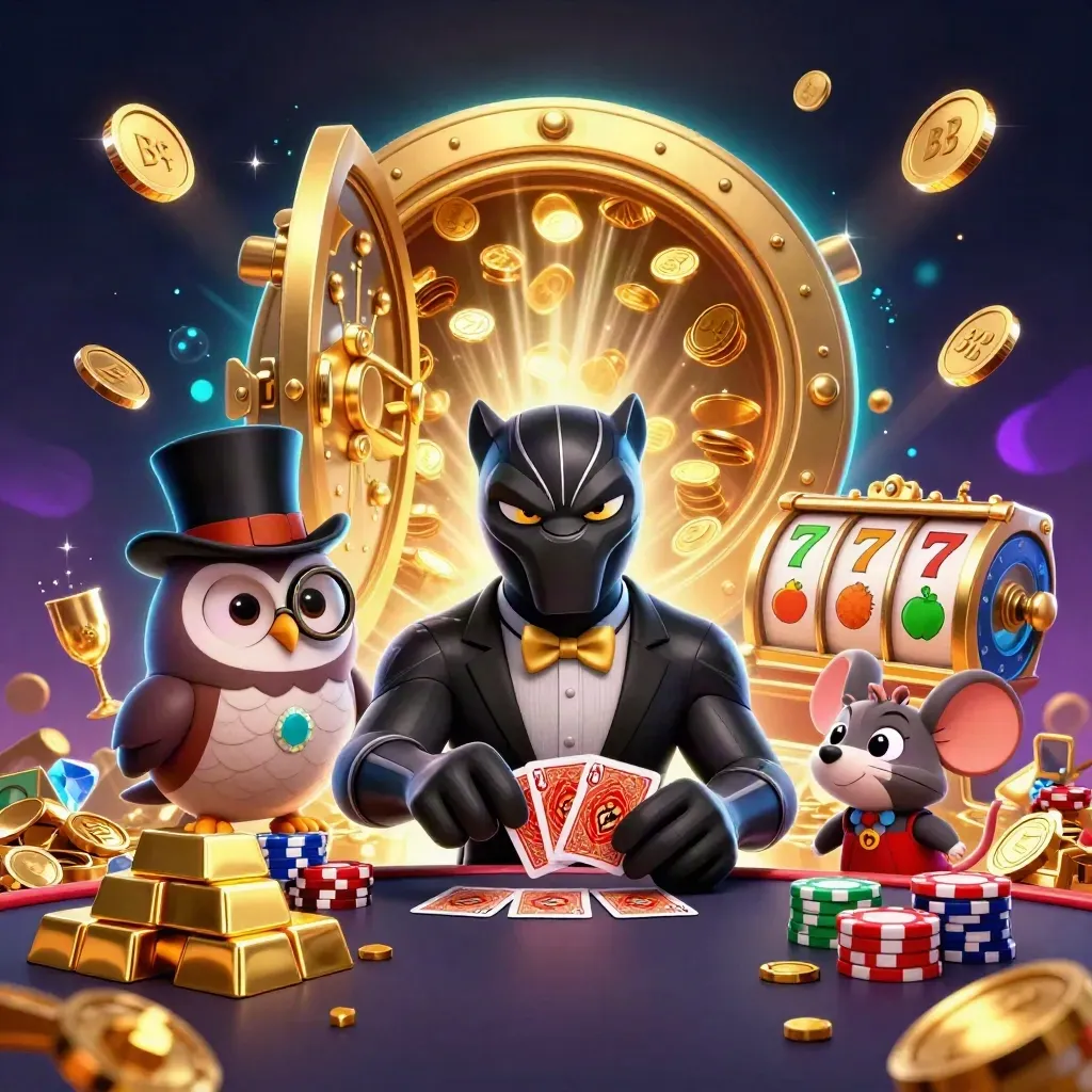 Panther, owl and mouse burst from a vault with coins, gems and fireworks
