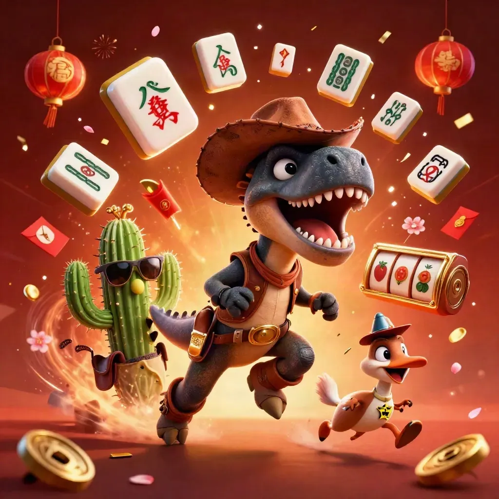 Cowboy T-Rex, cactus sidekick, and roadrunner amid casino symbols and fireworks.