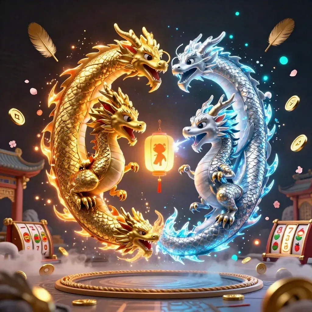 Twin dragons spiral in fire and ice above coins, reels, and a tiny lantern spirit.
