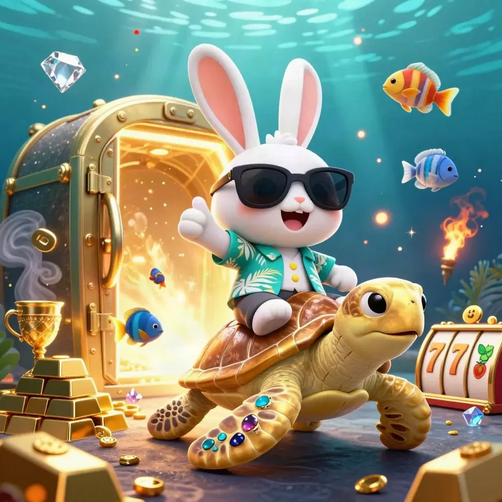 Lucky rabbit riding a gold sea turtle amid vault treasure, reels, and neon underwater glow.