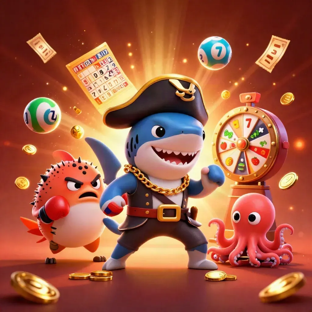 Pirate shark, boxing pufferfish, and juggling octopus amid casino rewards and glowing embers.