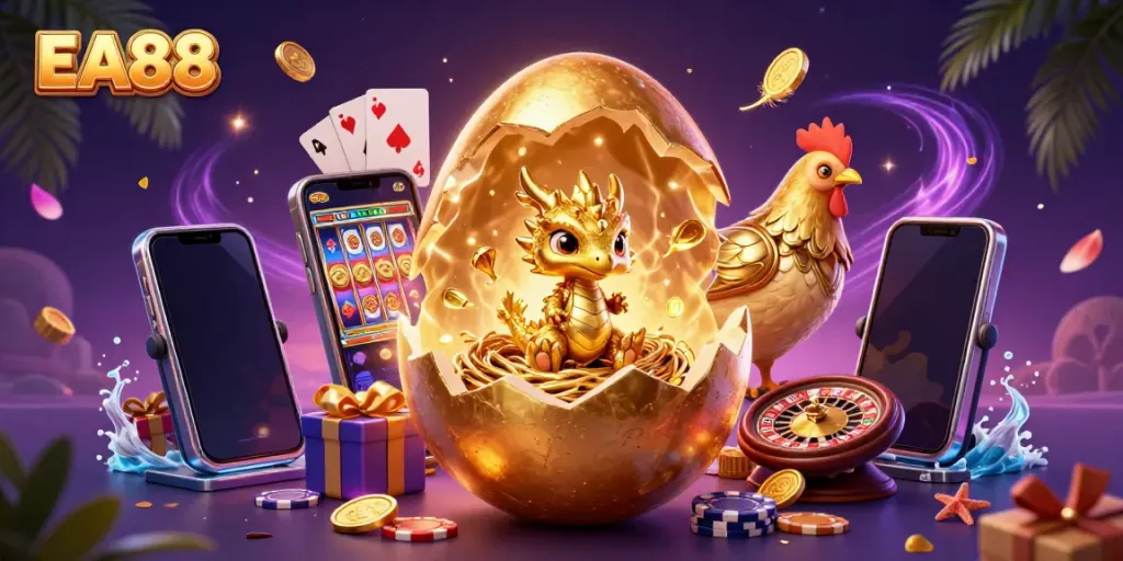 Engage in thrilling gaming at EA88 with a golden dragon, poker chips, and dynamic slot features.