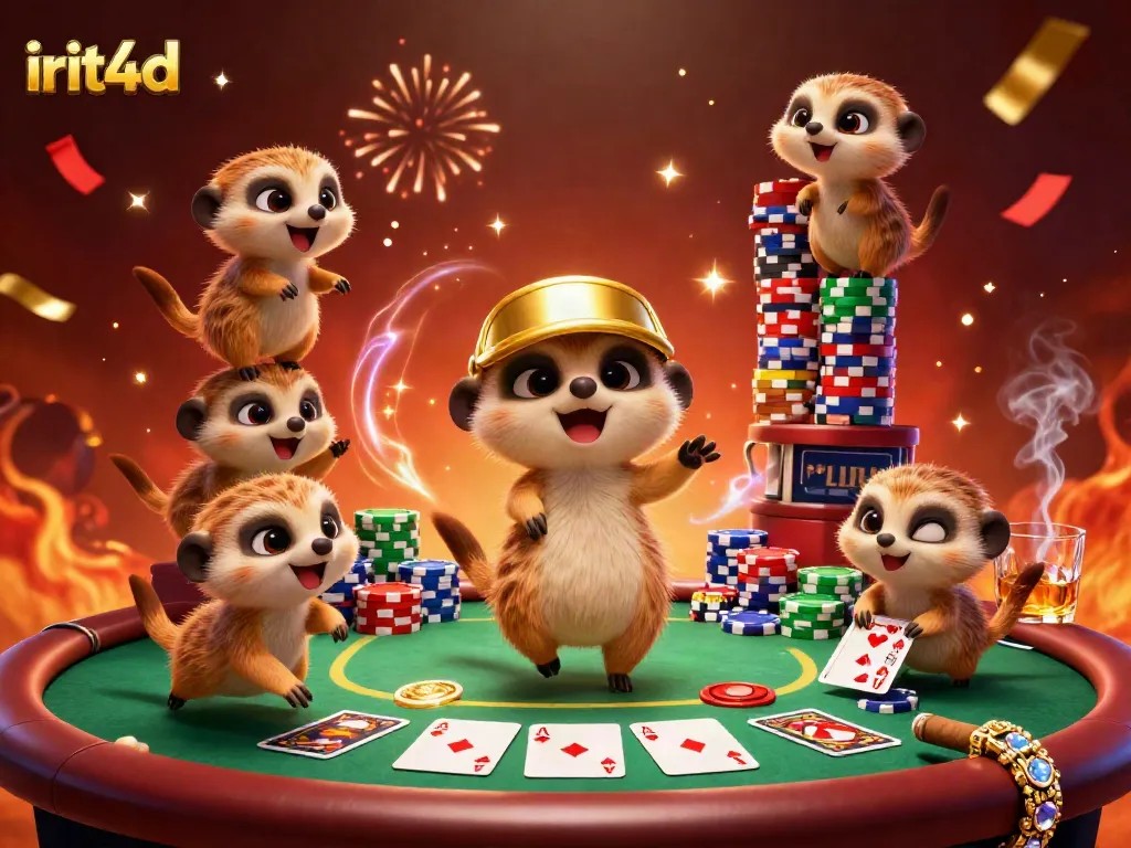 Experience the lively casino scene with irit4d's meerkat characters managing poker gameplay and vibrant chip stacks.