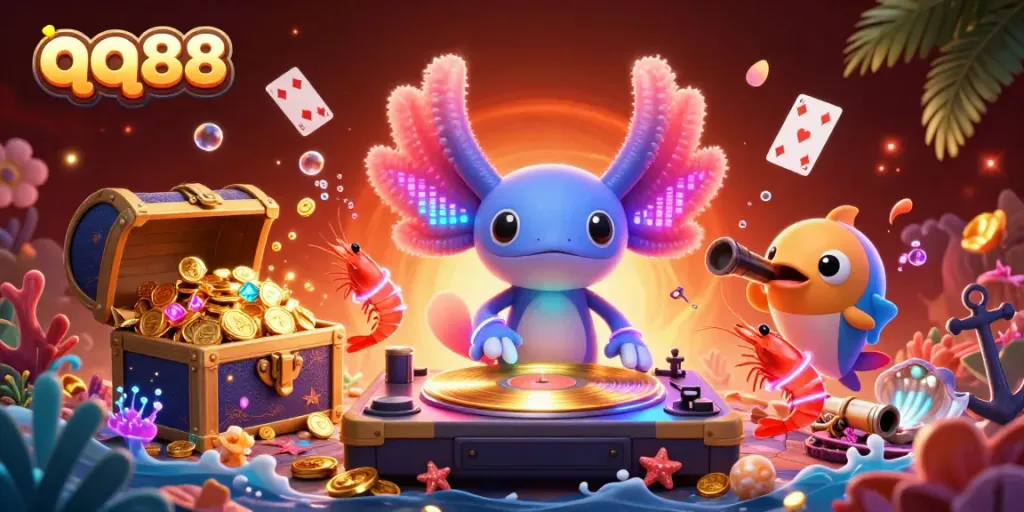 Spin golden slots with qq88 in a vibrant underwater casino scene with lively characters.