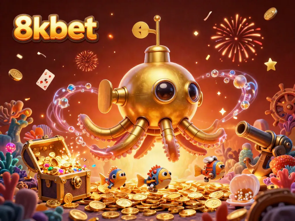 Play and win with 8xbet's thrilling underwater adventure featuring a golden kraken and mechanical fish.