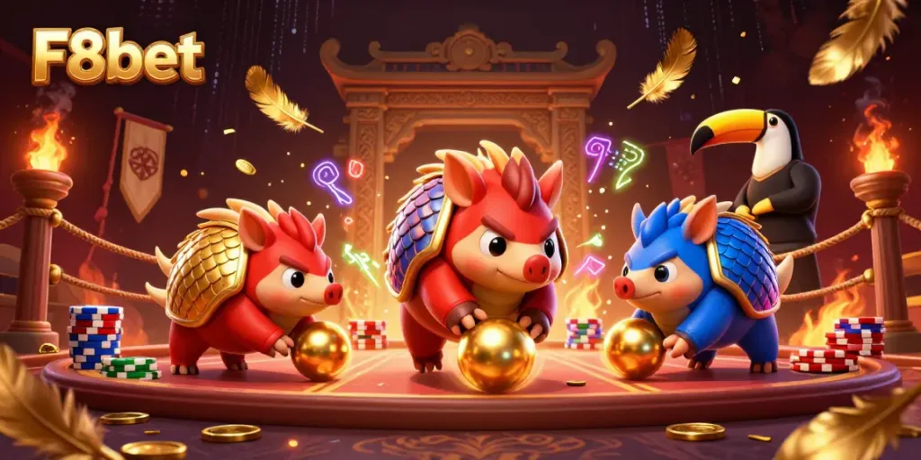 Engage with F8bet’s immersive casino experience as rival pangolins compete among piles of poker chips.