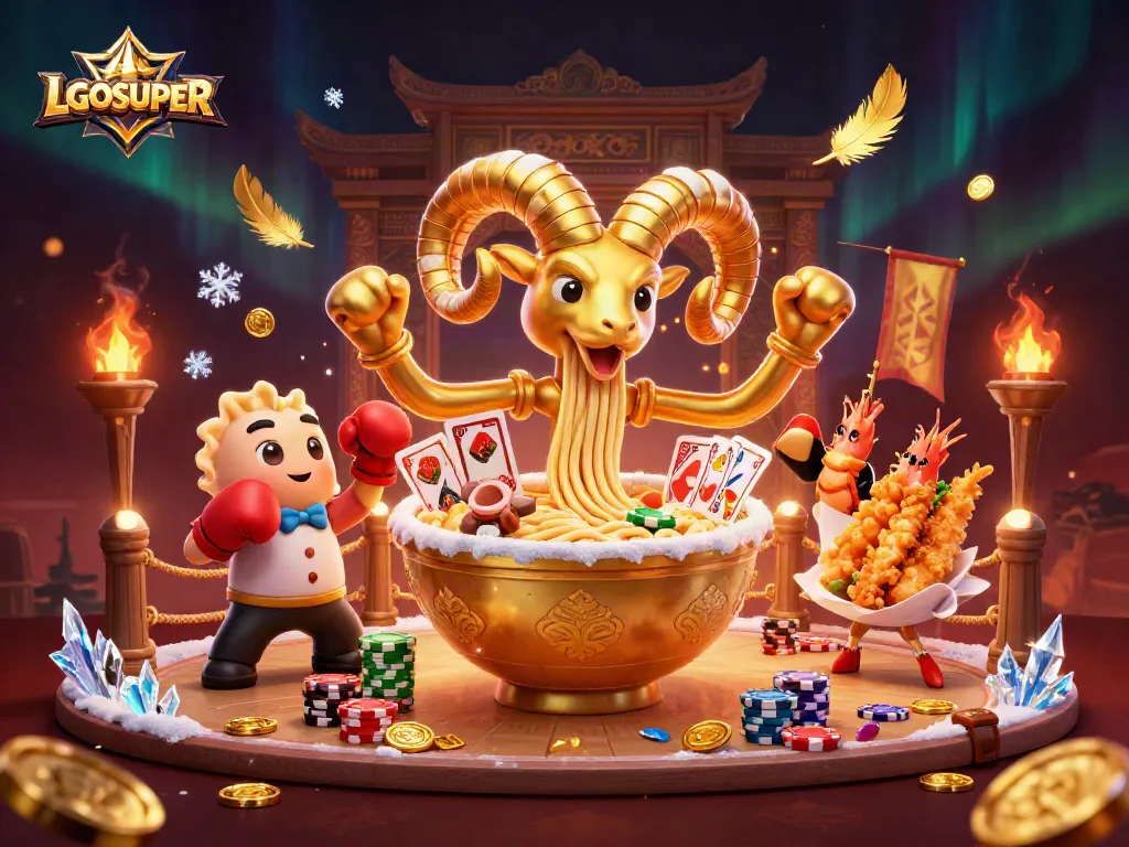 Engage with LGOSUPER while the giant ramen bowl and friends deal cards and chips in a vibrant casino.