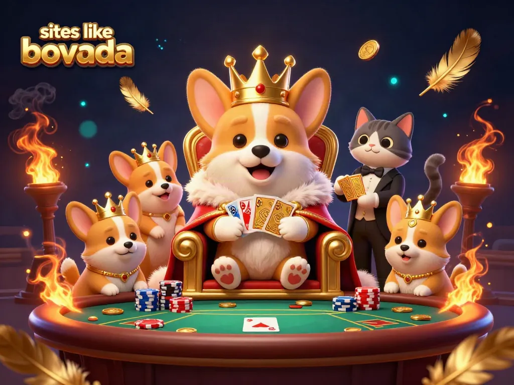 Experience the thrill of sites like bovada with corgis at a poker table, surrounded by betting tokens and vibrant atmosphere.