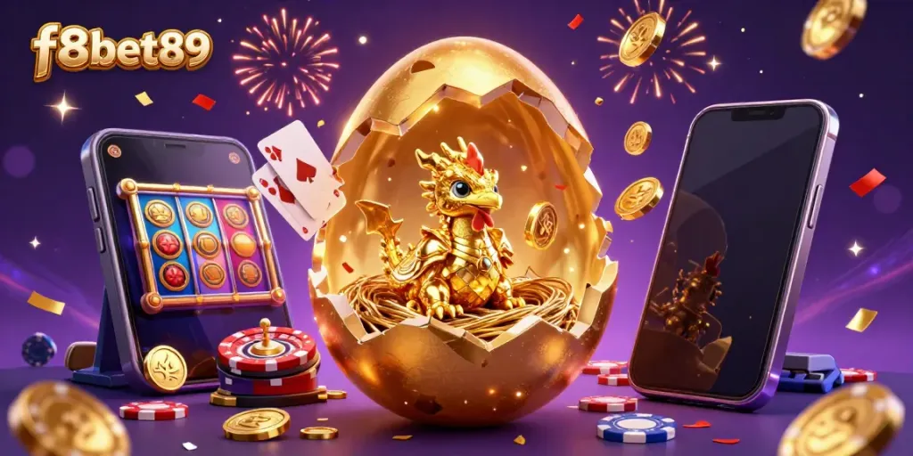 Experience energetic gameplay with f8bet89, featuring a gold dragon and various casino elements.