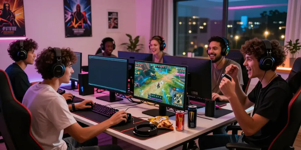 Friends playing juraganbola in a competitive gaming setup with vibrant screens and snacks.