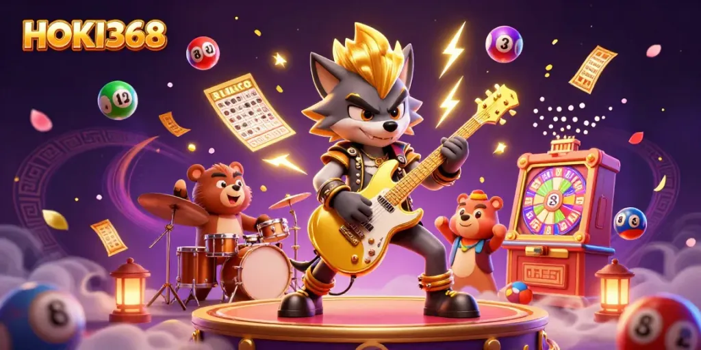 Experience lively entertainment at HOKI368 with cartoon characters surrounded by lottery elements.