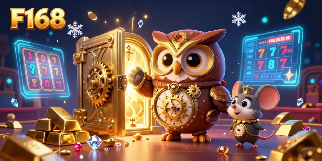 Experience the excitement of F168's online gaming world with a playful scene of a time-traveler owl in a vibrant casino.