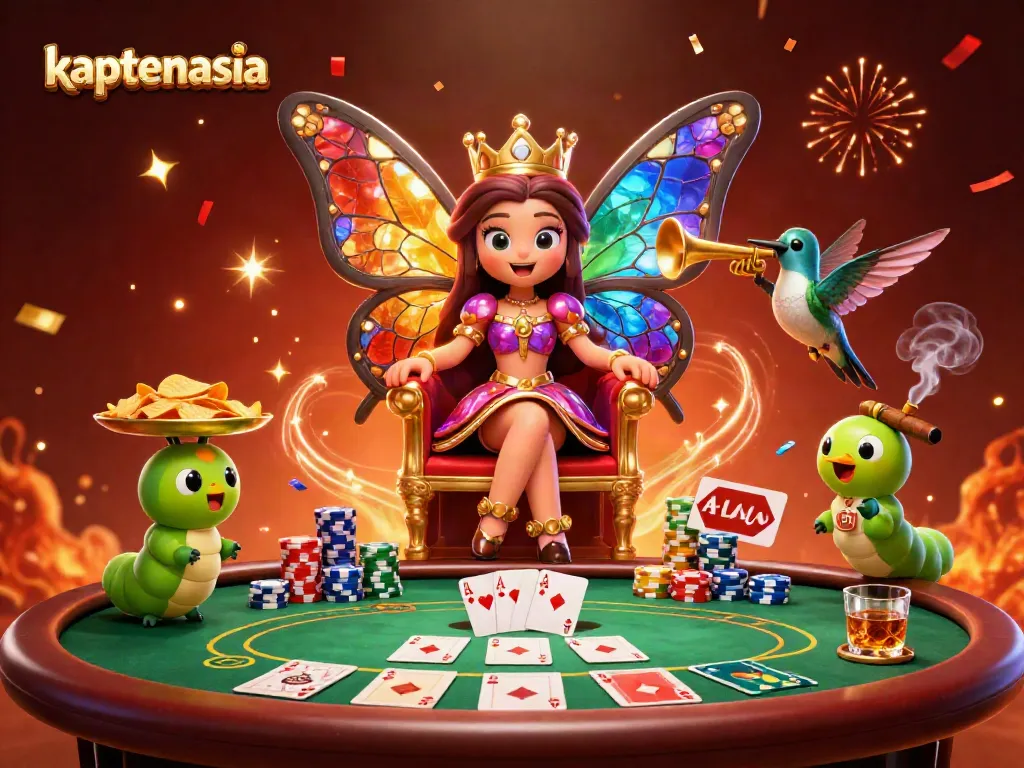 Kaptensia mempersembahkan ilustrasi kasino dengan ratu kupu-kupu kartun, meja poker, dan chip berwarna-warni cerah, acara perjudian megah.