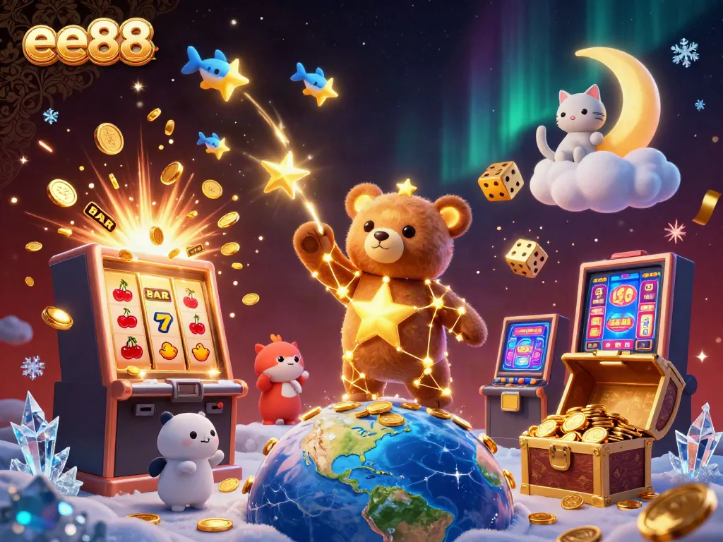 Engaging illustration of ee88 with winning slot machines and shining gold coins, showcasing gaming excitement.