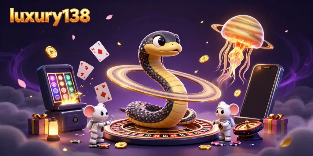 Experience thrills at luxury138 with cartoon space characters betting in an exciting casino scene.