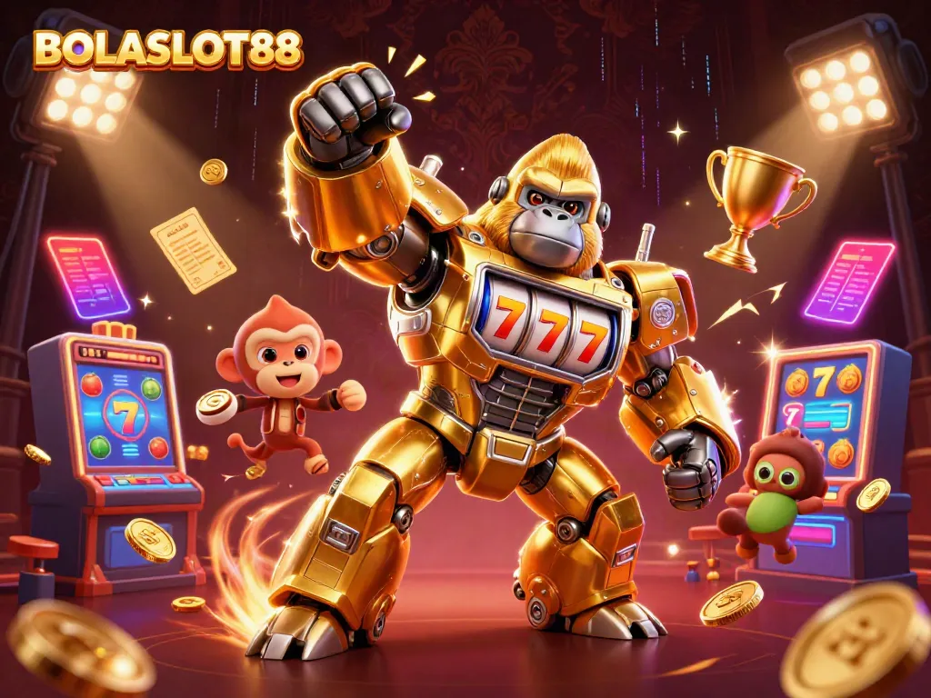 BOLASLOT88 showcases a golden gorilla mech crafted from slot machine parts, energizing the gaming scene.