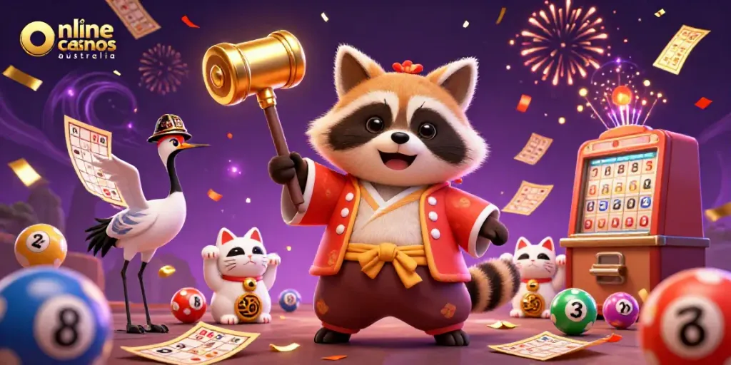 Engage with online casinos australia through a vibrant 3D illustration featuring a cheerful tanuki and lucky symbols.