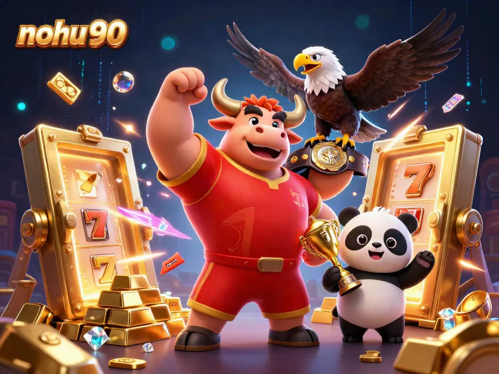 Experience the thrills of nohu 90 with vibrant jackpot symbols and entertaining characters in a dynamic casino scene.