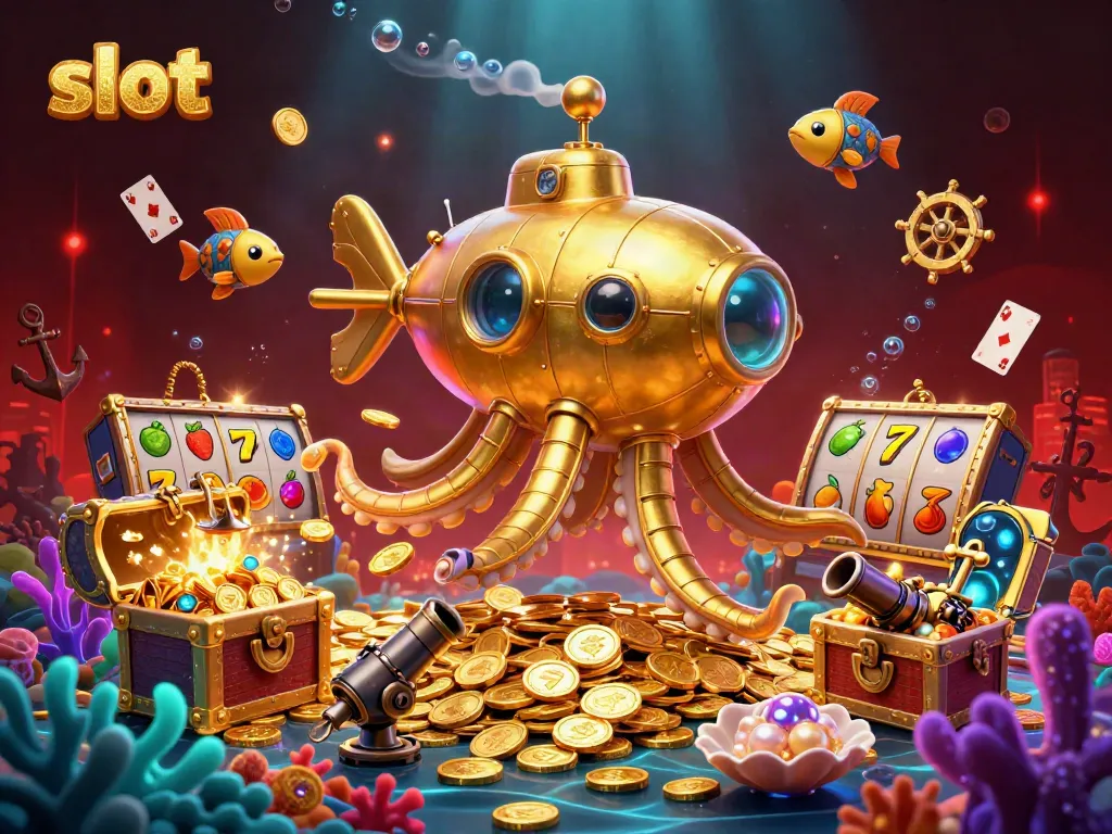 Experience thrilling slot action with a magical kraken submarine amidst golden coins and vibrant symbols.