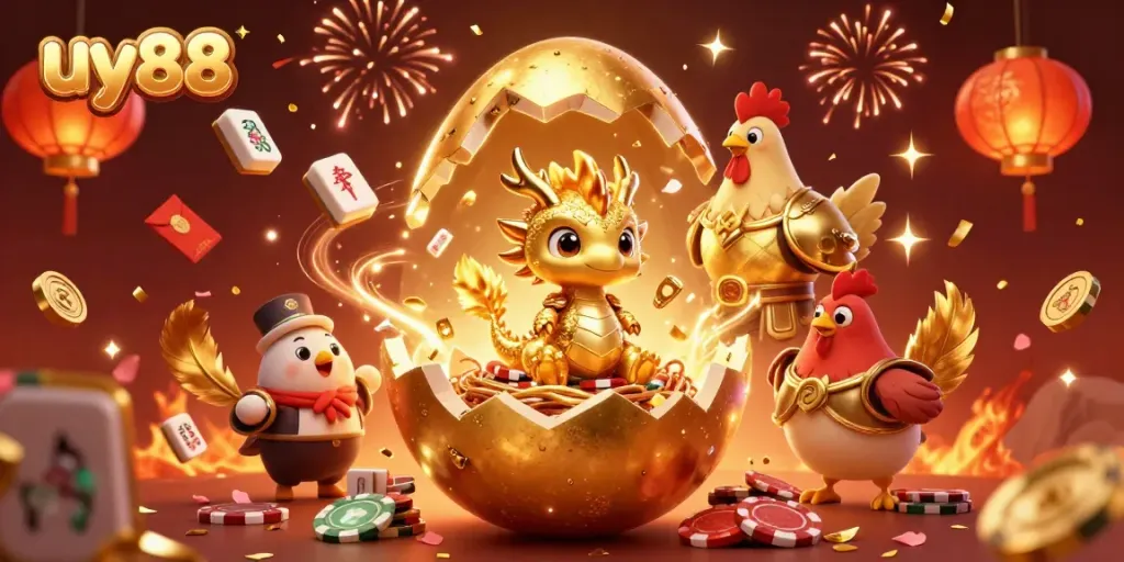 Engage with uy88 gaming excitement featuring a golden egg, dragon, and poker chips.